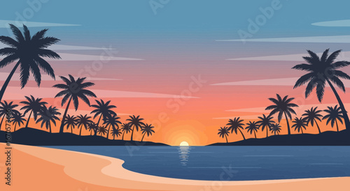 Tropical Sunset Scenery With Palm Trees Silhouettes And Peaceful Beach View