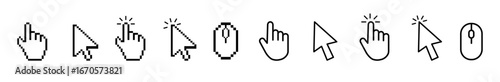 Computer Mouse Cursor Icon vector illustration set with arrow clicks, hand pointers, and loading animations for UI and web apps