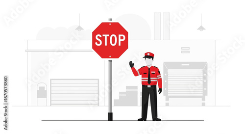Traffic Control Employee with Stop Sign Directing Vehicles in a Warehouse