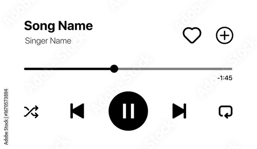 Music Player UI mockup vector illustration with playlist layout, album artwork, playback controls, search, library, podcast, and interactive streaming interface