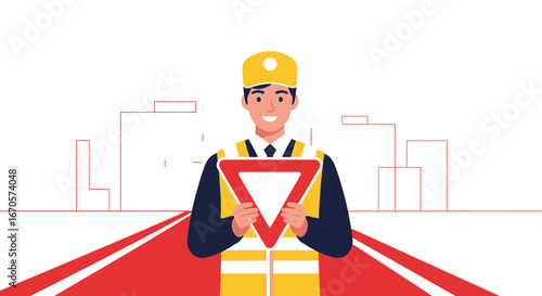 Traffic Controller Holding A Red Triangle Warning Sign In A Construction Zone