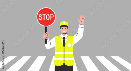 Traffic Controller Holds Stop Sign Near Crosswalk Vector Illustration