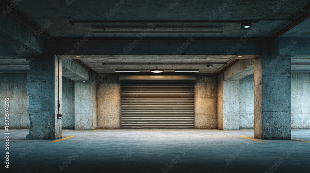Fototapeta premium Ultra quality image of industrial-style garage with roller door and empty space for parking.