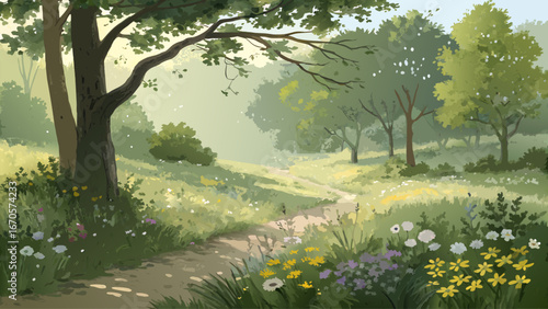 Serene forest glade with sunlight filtering through leaves