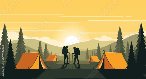 Two Adventurers Hiking Through Forest Landscape Towards Camping Tents At Sunset