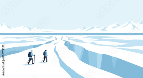 Two adventurers traversing a vast, icy landscape on skis with snow-capped mountains in the background showing a serene winter scene