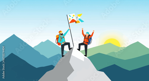 Two climbers celebrating reaching the summit with flag in hand against mountain range landscape background, success and achievement concept