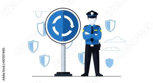 Traffic Law Enforcement Officer Stands Guard Near A Roundabout Signage