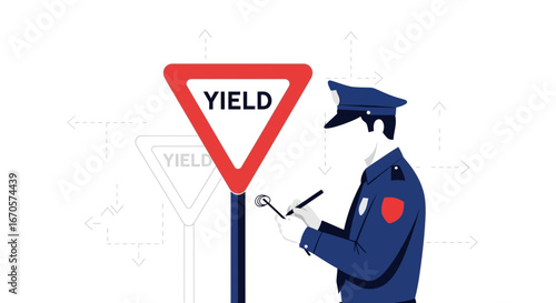 Traffic Law Enforcement Officer Ticketing at a Yield Sign Vector Illustration