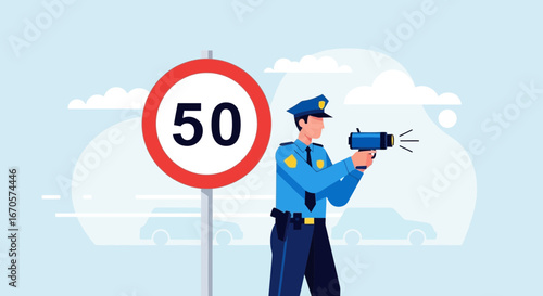 Traffic Law Enforcement With Radar Gun On Highway To Catch Speeders