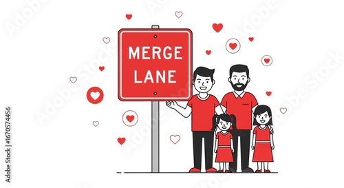 Two Dads And Two Daughters Standing Near The Red Merge Lane Road Sign