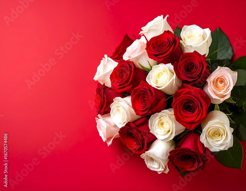 Romantic bouquet of roses on a red background