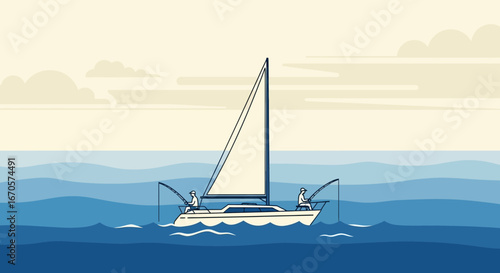 Two Fishermen Enjoying A Sunny Day Fishing From A Sailboat In Calm Waters