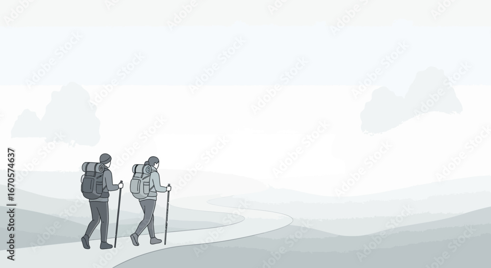 Obraz premium Two Hikers Embark On a Trail Adventure In a Monochrome Landscape Illustration