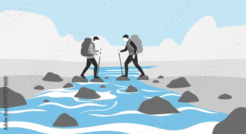 Two Hikers Cross Stream Over Rocks Adventure and Outdoor Minimalist Landscape