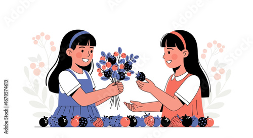 Two Girls Sharing Berries: A Heartwarming Scene of Friendship and Healthy Eating