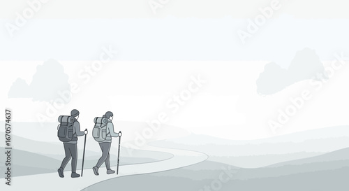 Two Hikers Embark On a Trail Adventure In a Monochrome Landscape Illustration