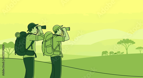 Two hikers spotting wildlife on safari with binoculars in an african landscape on sunny day