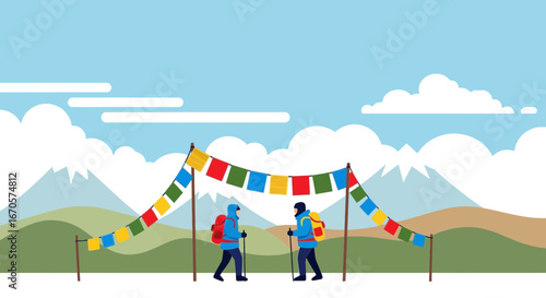 Two Hikers traversing the rugged Terrain of the Mountains under colorful prayer flags
