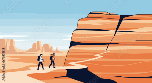 Two hikers trekking through a scenic desert landscape with towering mesas and a winding trail towards a cliff