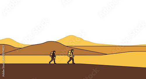 Two hikers trekking through a stylized desert landscape illustration with mountains and clear sky background