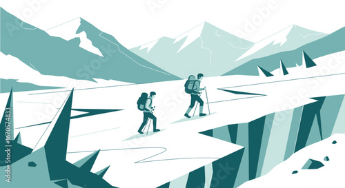 Two hikers trekking through snowy mountains on a bright winter day illustration
