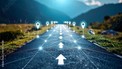 Straight road with location pins and arrows symbolizing future direction and progress