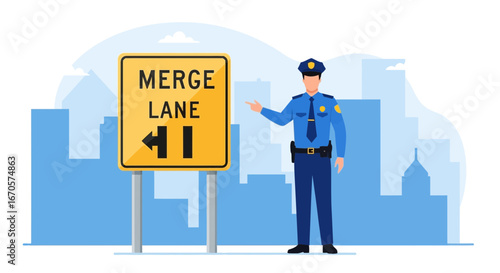 Traffic Safety Supervision Policeman Directing Attention to Merge Lane Sign