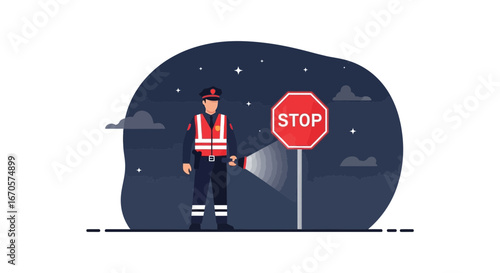 Traffic Warden Ensuring Safety At Night With Flashlight And Stop Sign
