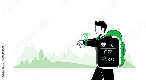 Trail Tracker Man Using A Smartwatch To Monitor Activity In A Forest Landscape