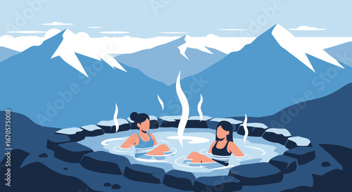 Two Women Relaxing In An Outdoor Hot Spring Overlooking Scenic Mountains