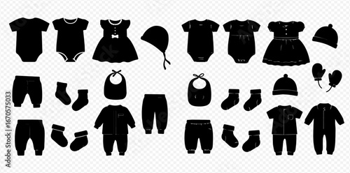 Silhouette illustration of various baby clothing items including onesies, pants, socks, bibs, hats, a dress, and mittens.