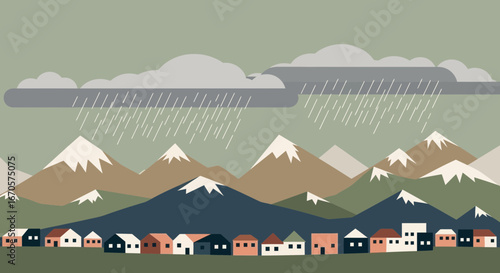 Tranquil Alpine Village Under Rainy Sky In Minimalist Geometric Style