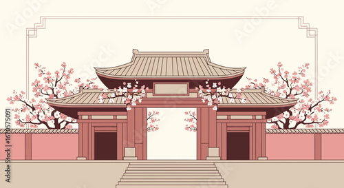 Tranquil Asian Temple Gate Surrounded by Blossoming Cherry Trees Serene Scene