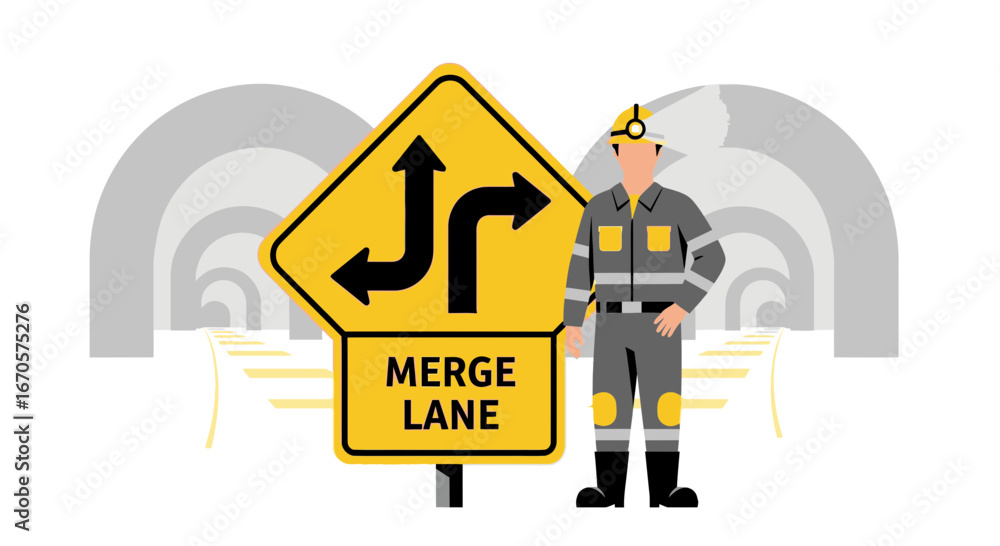 Fototapeta premium Underground Merge: Safety Instructions in a Tunnel with Construction Worker