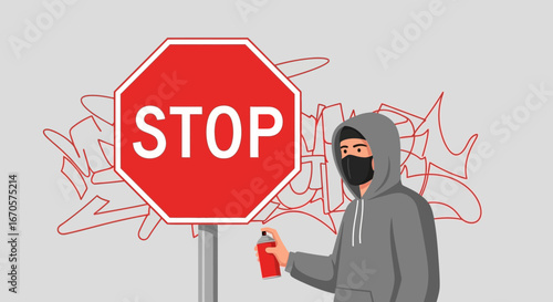 Unapproved Vandalism With Masked Hooded Figure Spraying Stop Sign In Urban Area