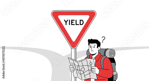 Uncertain Traveler At A Crossroads Encountering A Yield Sign In The Wilderness