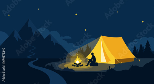 Tranquil Campfire Scene Under Starry Night Sky With Mountain Backdrop