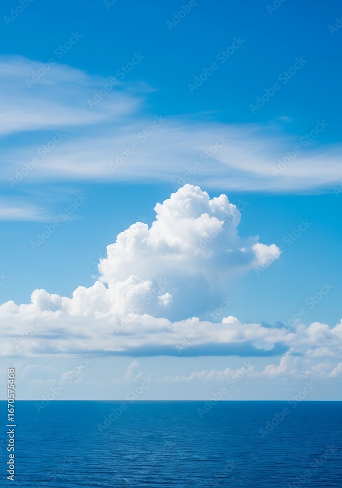 Naklejka premium Vast Blue Ocean and Sky with Fluffy White Cloud Horizon.