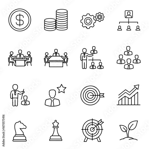 Business strategy management leadership teamwork finance and growth vector icons set line drawing style for design