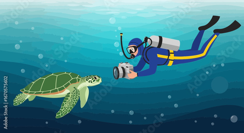 Underwater Encounter Diver Captures Moment With Turtle In Azure Ocean Depths