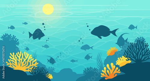 Underwater Landscape With Coral Reef Fish And Sunlight Illustration Flat Design