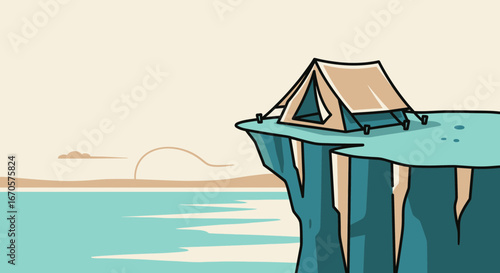 Tranquil Camping Scene Tent on a Cliffside With Ocean View Background