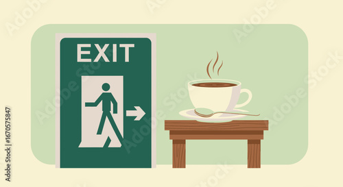 Unexpected Break Combination Exit Sign Beside A Coffee Minimalist Vector Graphic