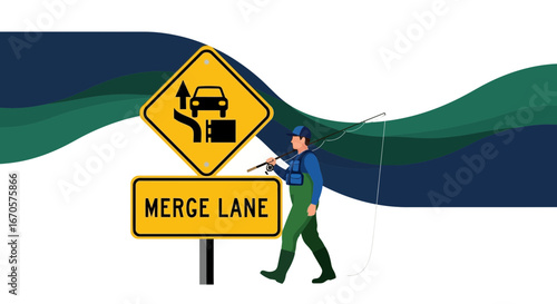 Unexpected Detour Fisherman Walking Past Merge Lane Sign Colorful Illustration