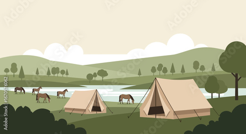 Tranquil Campsite Beside River With Grazing Horses And Rolling Hills Background