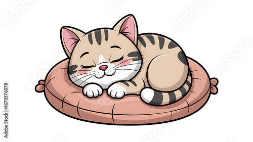 Dreamy Naptime: An adorable kitten dozes peacefully on a soft cushion, its eyes closed in blissful slumber. This charming illustration perfectly captures the tranquility of a cat's naptime.