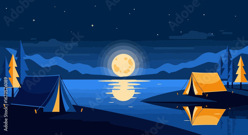 Tranquil Camping Under A Starry Sky Near A Calm Lake With Moon Reflection