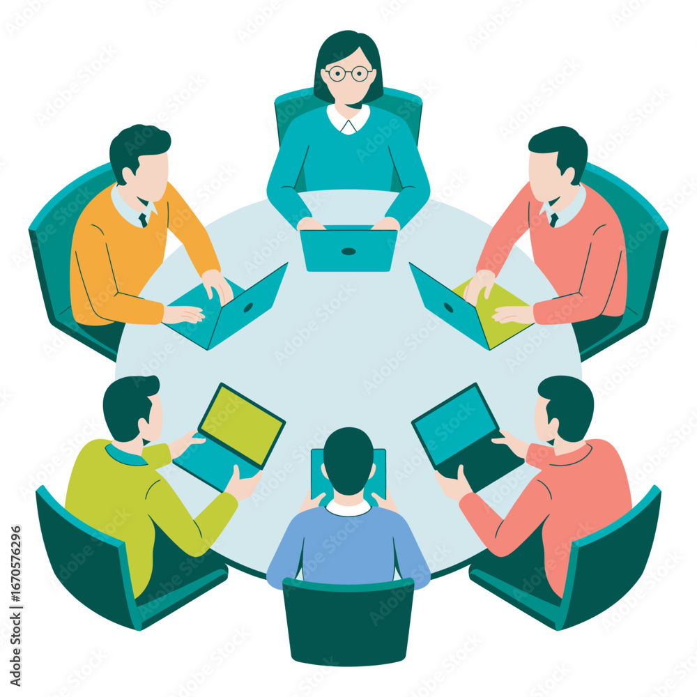 Fototapeta premium Teamwork and Collaboration People gathered around a table with laptops, symbolizing productive meetings and brainstorming sessions for business growth