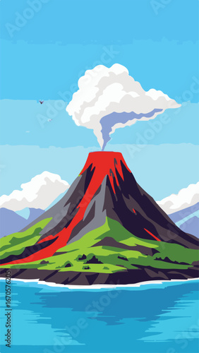 Volcano eruption with smoke clouds